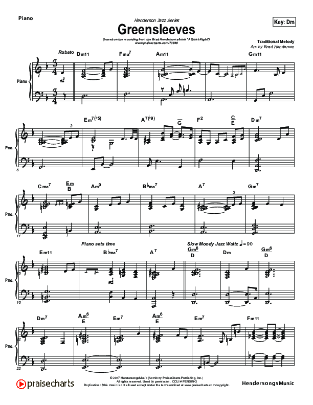 Greensleeves (Instrumental) Piano Sheet (Brad Henderson)