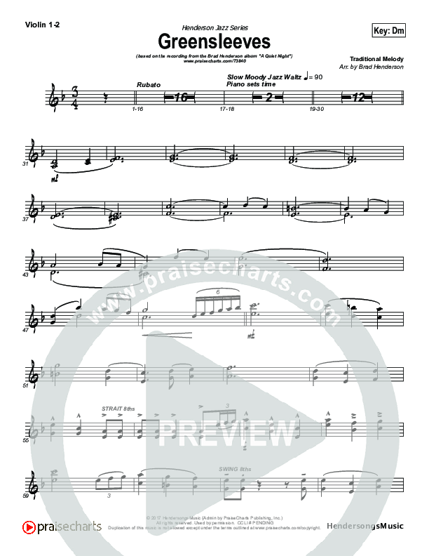 Greensleeves (Instrumental) Violin 1/2 (Brad Henderson)