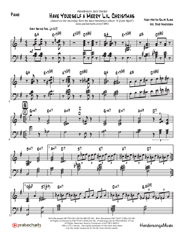 Have Yourself A Merry Little Christmas (Instrumental) Piano Sheet (Brad Henderson / Justin Pierce)