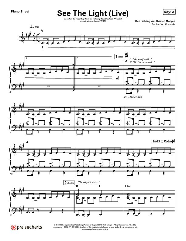 See The Light (Live) Piano Sheet (Hillsong Worship)
