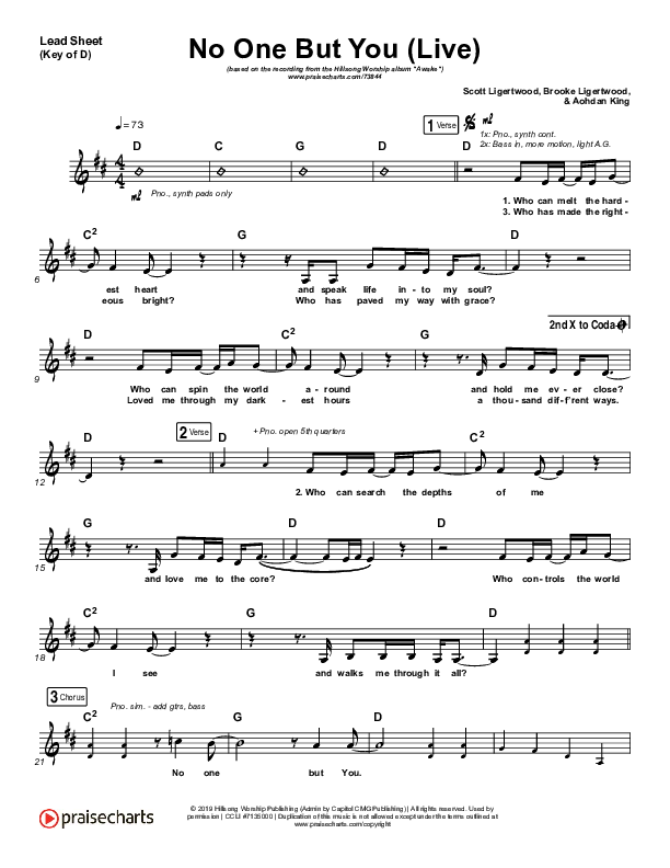 No One But You (Live) Lead Sheet (Melody) (Hillsong Worship)