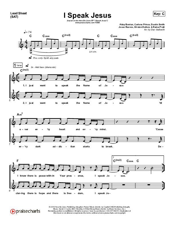 I Speak Jesus Lead Sheet (SAT) (Here Be Lions)