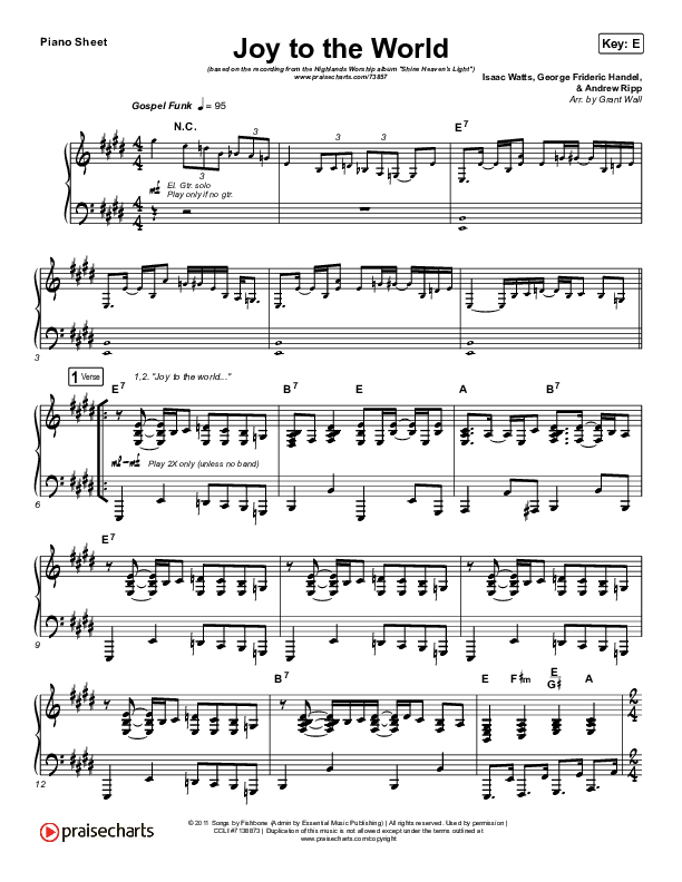 Joy To The World Piano Sheet (Highlands Worship)