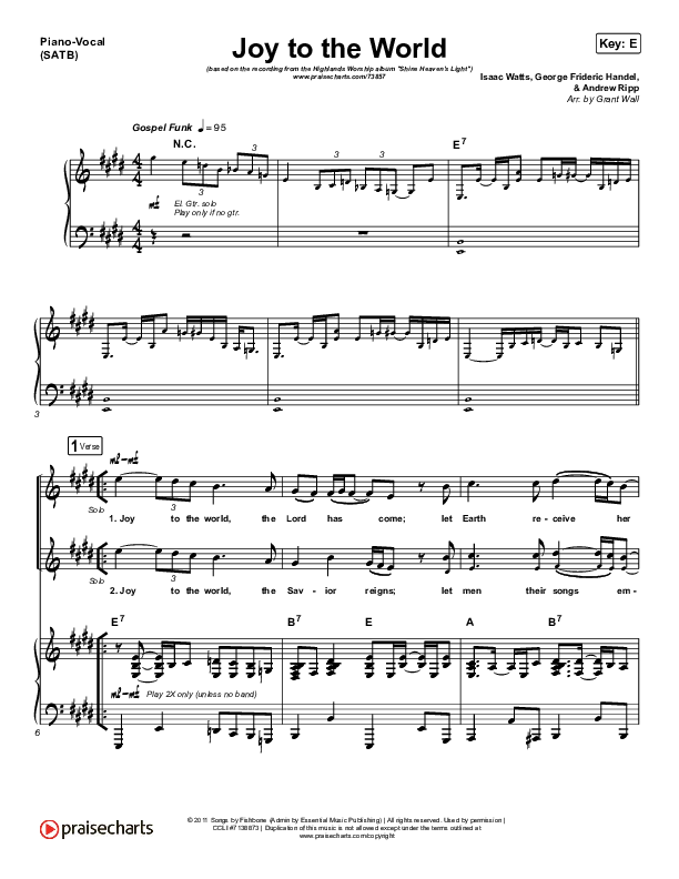 Joy To The World Piano/Vocal (SATB) (Highlands Worship)