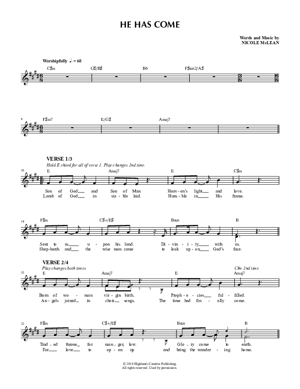 He Has Come Lead Sheet (Highlands Worship)