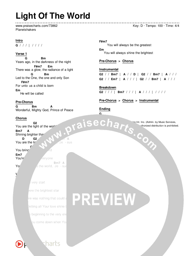 Light Of The World Chords PDF (Planetshakers) - PraiseCharts