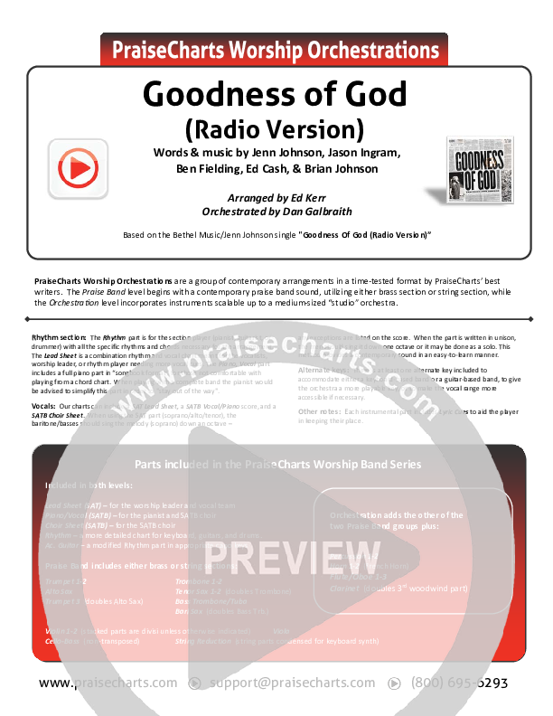 Goodness Of God (Radio) Cover Sheet (Jenn Johnson / Bethel Music)