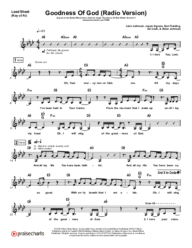 Goodness Of God (Radio) Lead Sheet (Melody) (Jenn Johnson / Bethel Music)