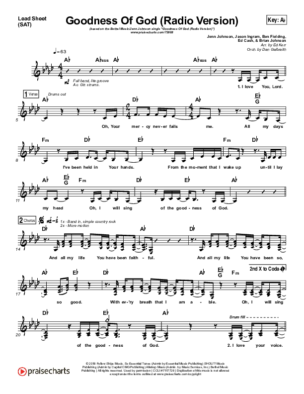 Goodness Of God (Radio) Lead Sheet (SAT) (Jenn Johnson / Bethel Music)