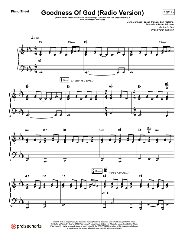 Goodness Of God (Radio) Piano Sheet (Jenn Johnson / Bethel Music)