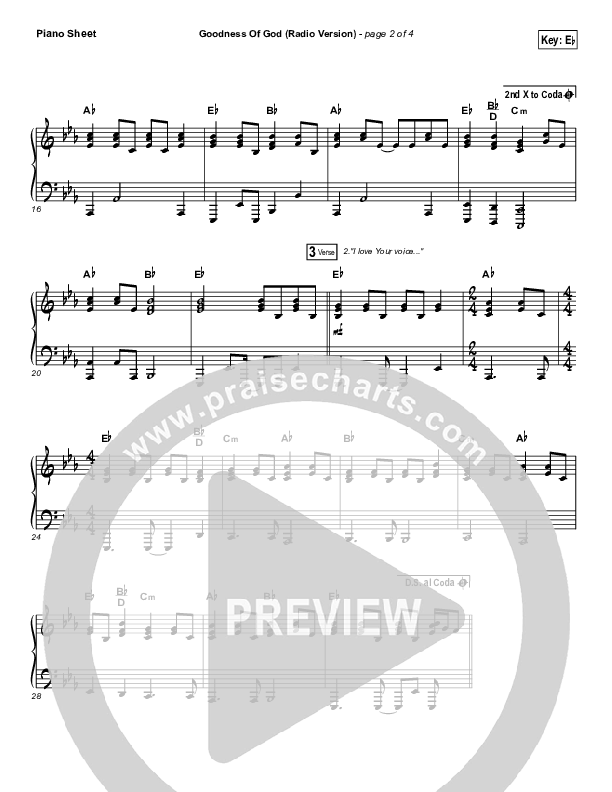Goodness Of God (Radio) Piano Sheet (Jenn Johnson / Bethel Music)