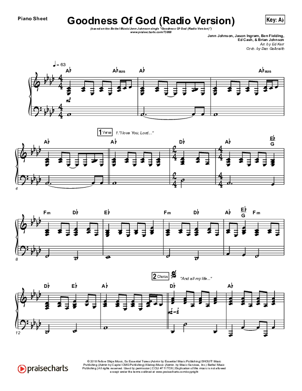 Goodness Of God (Radio) Piano Sheet (Jenn Johnson / Bethel Music)