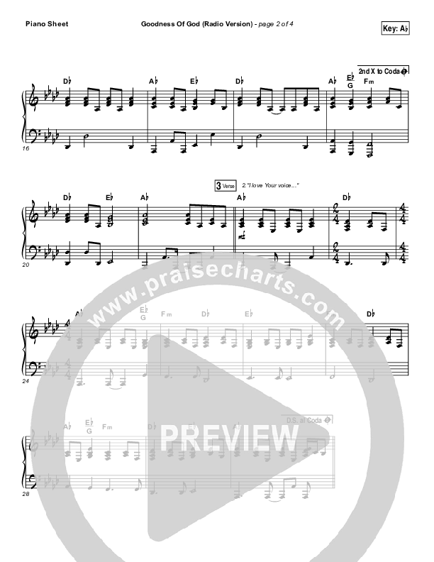 Goodness Of God (Radio) Piano Sheet (Jenn Johnson / Bethel Music)