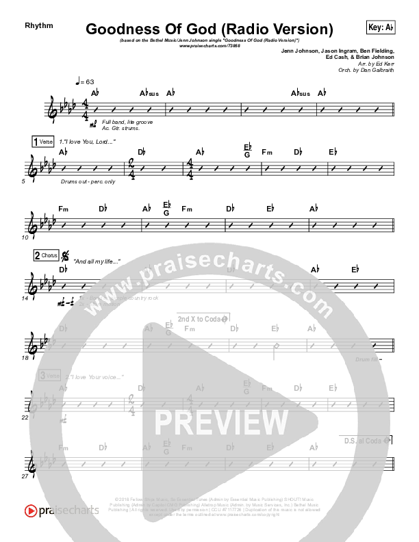Goodness Of God (Radio) Rhythm Chart (Jenn Johnson / Bethel Music)
