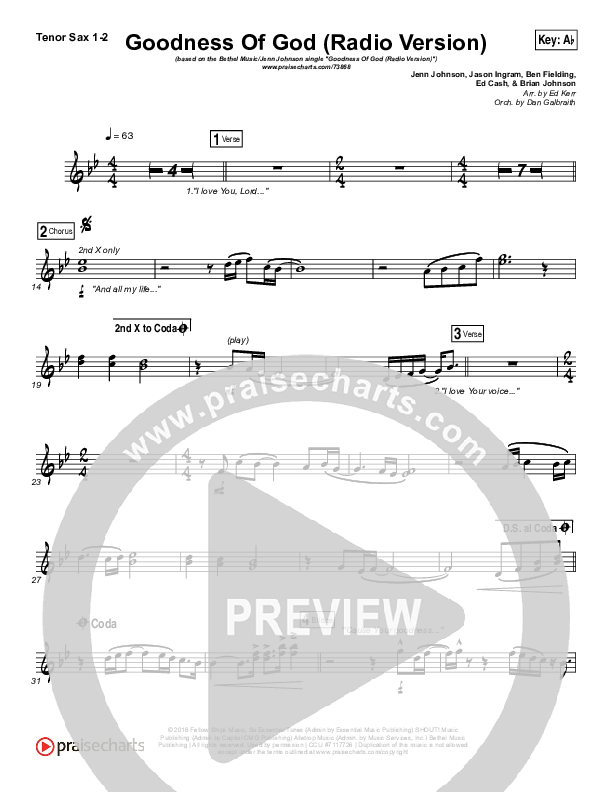 Goodness Of God (Radio) Tenor Sax 1/2 (Jenn Johnson / Bethel Music)