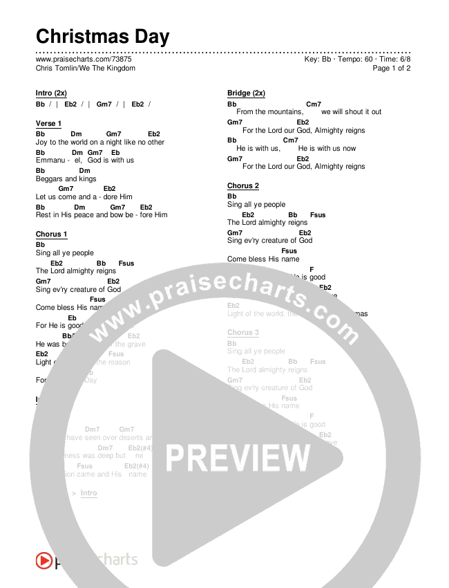 Christmas Day Chord Chart (Editable) - Chris Tomlin, We Are Messengers | PraiseCharts