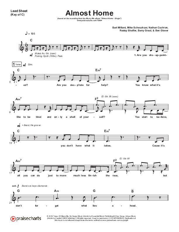 Almost Home Lead Sheet (Melody) (MercyMe)