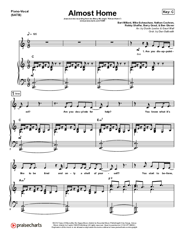 Almost Home Piano/Vocal (SATB) (MercyMe)