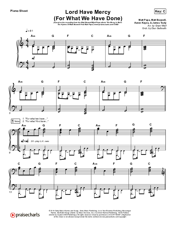 Lord Have Mercy (For What We Have Done) Piano Sheet (Matt Boswell / Matt Papa)