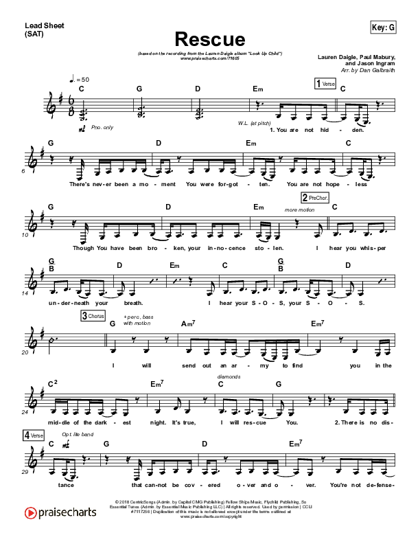 Rescue (Choral Anthem SATB) Lead Sheet (SAT) (Lauren Daigle / Arr. Luke Gambill)