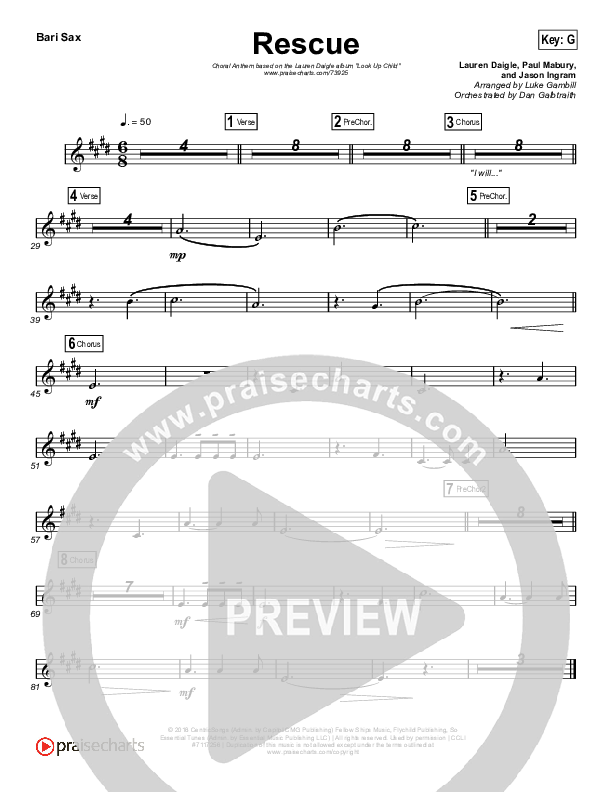 Rescue (Choral Anthem SATB) Bari Sax (Lauren Daigle / Arr. Luke Gambill)