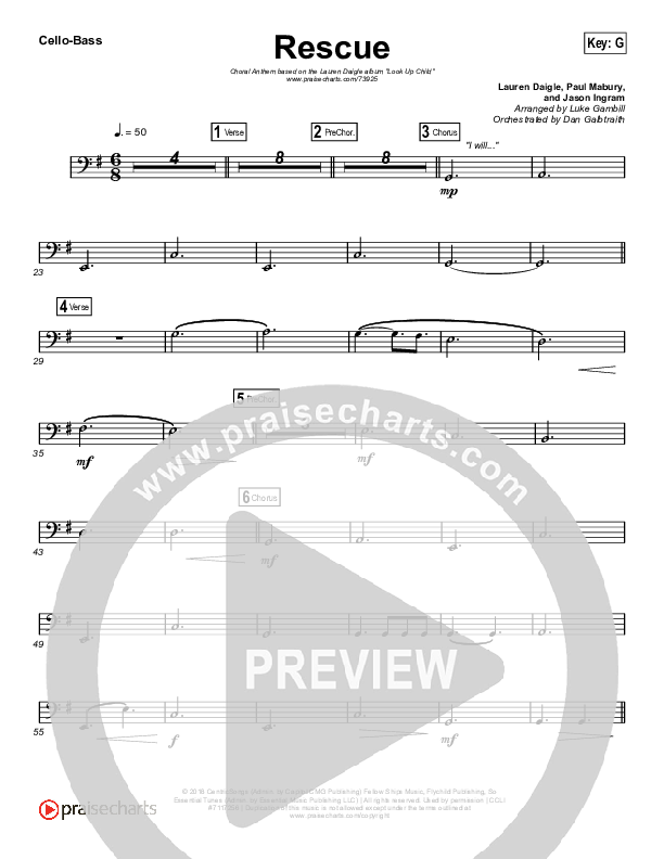 Rescue (Choral Anthem SATB) Cello/Bass (Lauren Daigle / Arr. Luke Gambill)