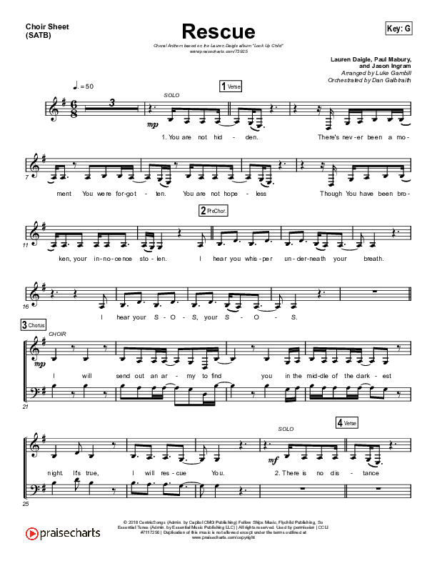 Rescue (Choral Anthem SATB) Choir Sheet (SATB) (Lauren Daigle / Arr. Luke Gambill)
