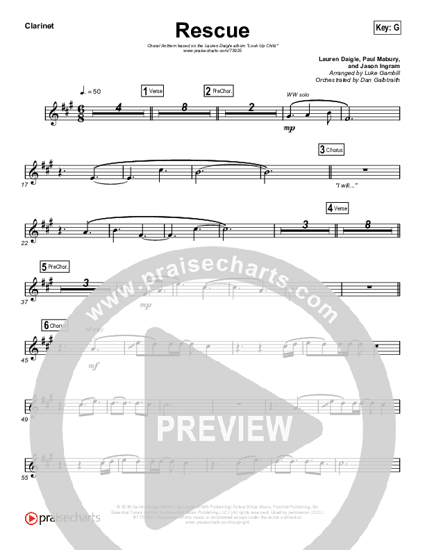 Rescue (Choral Anthem SATB) Clarinet (Lauren Daigle / Arr. Luke Gambill)