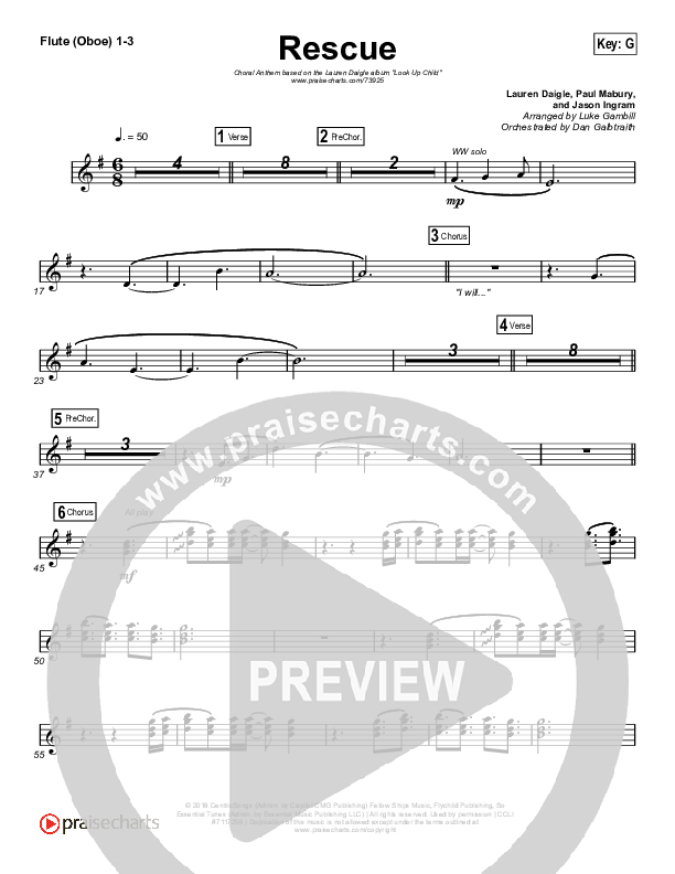 Rescue (Choral Anthem SATB) Flute/Oboe 1/2/3 (Lauren Daigle / Arr. Luke Gambill)