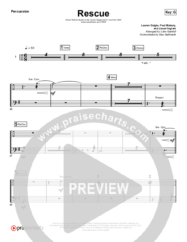Rescue (Choral Anthem SATB) Percussion (Lauren Daigle / Arr. Luke Gambill)