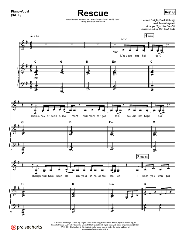 Rescue (Choral Anthem SATB) Piano/Vocal Pack (Lauren Daigle / Arr. Luke Gambill)