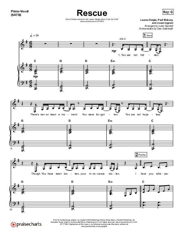 Rescue (Choral Anthem SATB) Piano/Vocal (SATB) (Lauren Daigle / Arr. Luke Gambill)