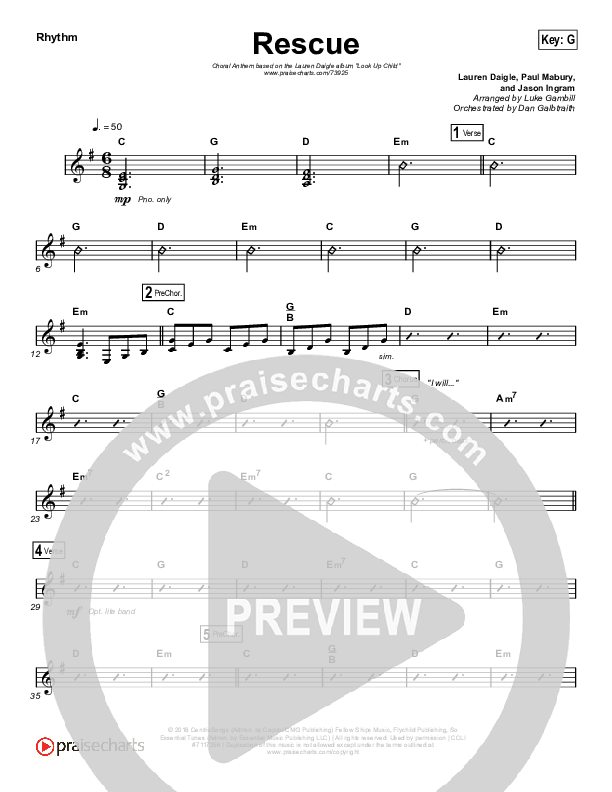 Rescue (Choral Anthem SATB) Rhythm Chart (Lauren Daigle / Arr. Luke Gambill)