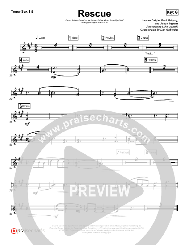 Rescue (Choral Anthem SATB) Tenor Sax 1/2 (Lauren Daigle / Arr. Luke Gambill)