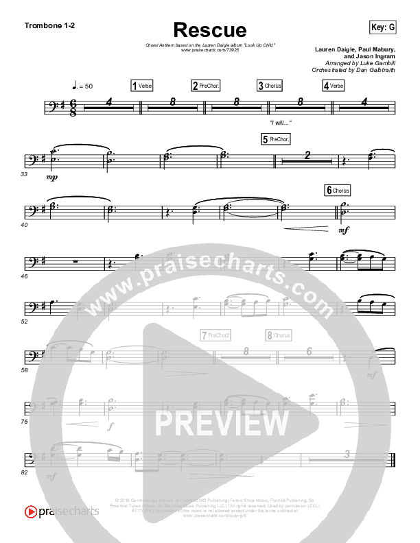 Rescue (Choral Anthem SATB) Trombone 1/2 (Lauren Daigle / Arr. Luke Gambill)