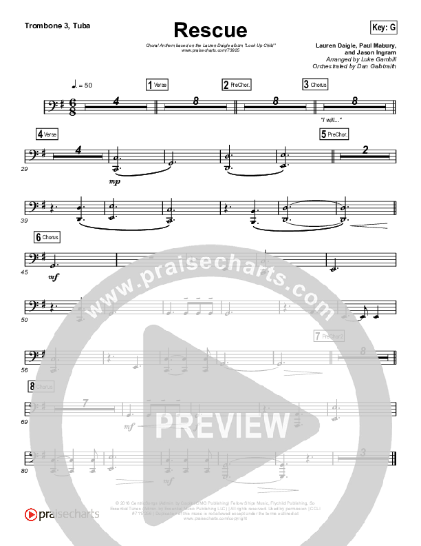 Rescue (Choral Anthem SATB) Trombone 3/Tuba (Lauren Daigle / Arr. Luke Gambill)