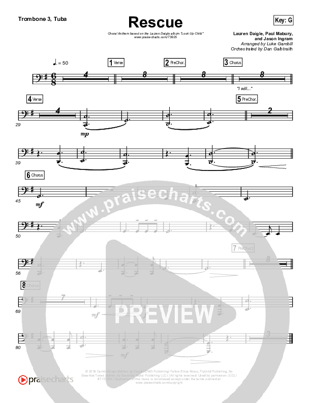 Rescue (Choral Anthem SATB) Trombone 3/Tuba (Lauren Daigle / Arr. Luke Gambill)