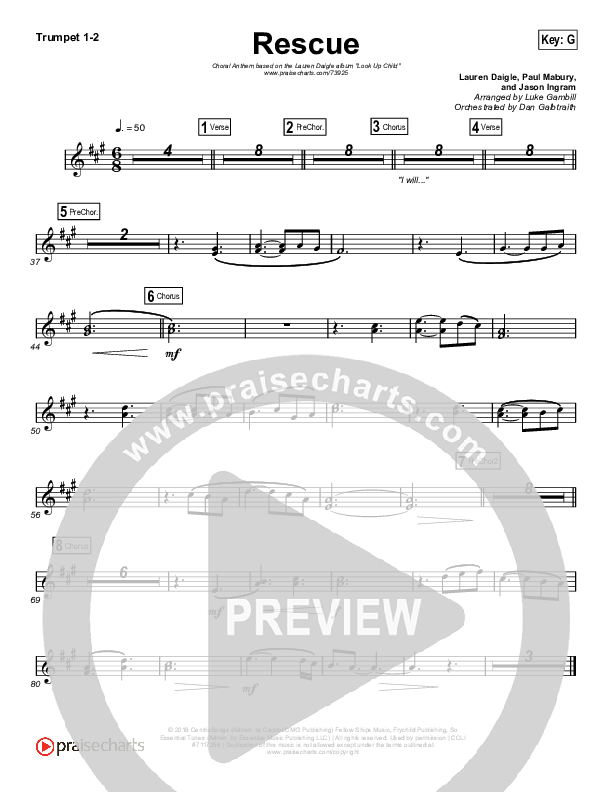 Rescue (Choral Anthem SATB) Trumpet 1,2 (Lauren Daigle / Arr. Luke Gambill)