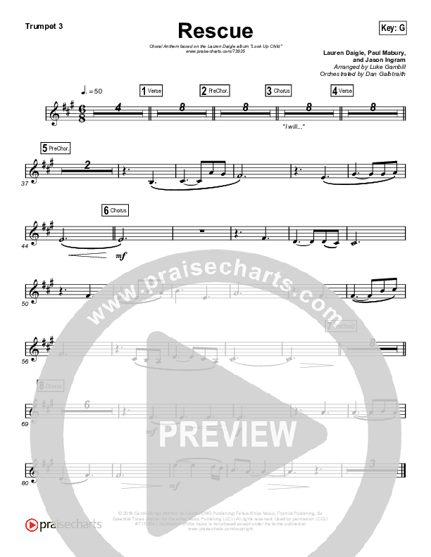 Rescue (Choral Anthem SATB) Trumpet 3 (Lauren Daigle / Arr. Luke Gambill)