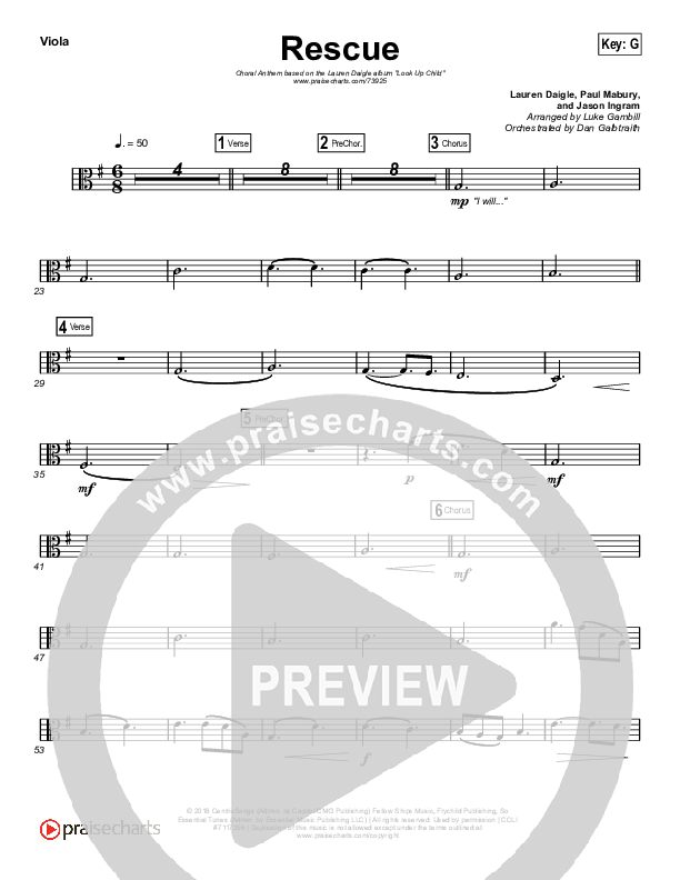 Rescue (Choral Anthem SATB) Viola (Lauren Daigle / Arr. Luke Gambill)