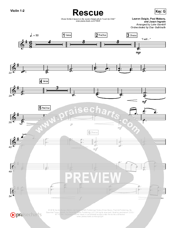 Rescue (Choral Anthem SATB) Violin 1/2 (Lauren Daigle / Arr. Luke Gambill)