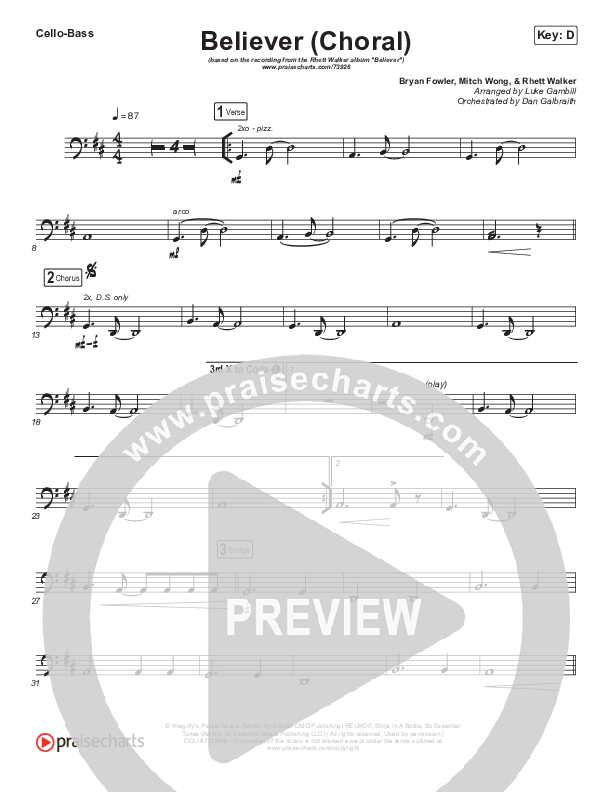 Believer (Choral Anthem SATB) Cello/Bass (Rhett Walker Band / Arr. Luke Gambill)