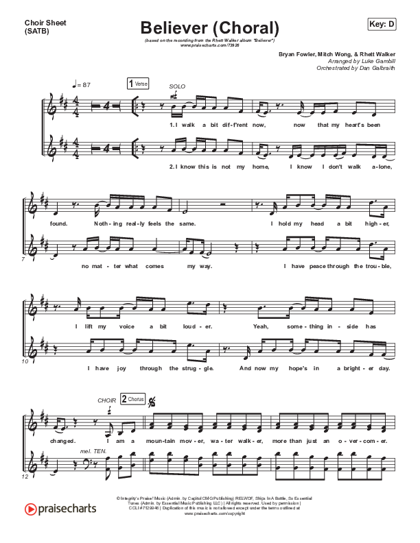 Believer (Choral Anthem SATB) Choir Vocals (SATB) (Rhett Walker Band / Arr. Luke Gambill)