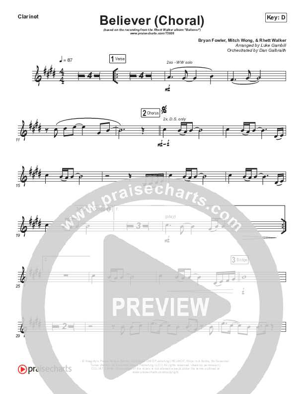 Believer (Choral Anthem SATB) Clarinet (Rhett Walker Band / Arr. Luke Gambill)