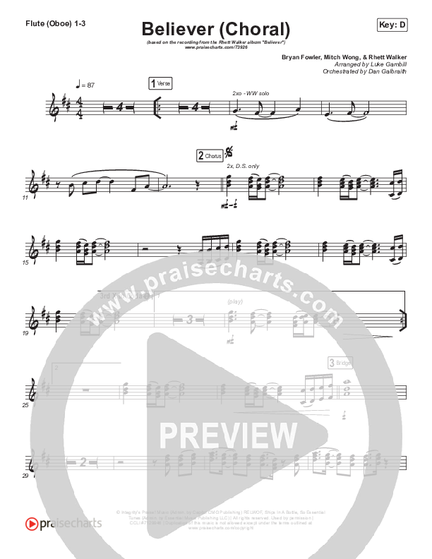 Believer (Choral Anthem SATB) Flute/Oboe 1/2/3 (Rhett Walker Band / Arr. Luke Gambill)