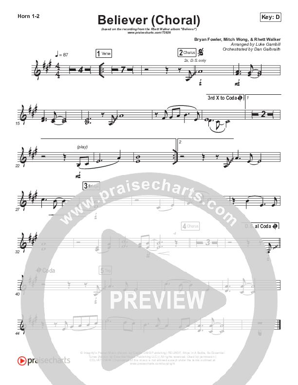 Believer (Choral Anthem SATB) French Horn 1/2 (Rhett Walker Band / Arr. Luke Gambill)