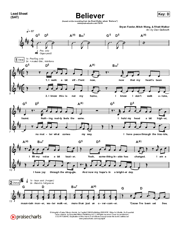 Believer (Choral Anthem SATB) Lead Sheet (SAT) (Rhett Walker Band / Arr. Luke Gambill)