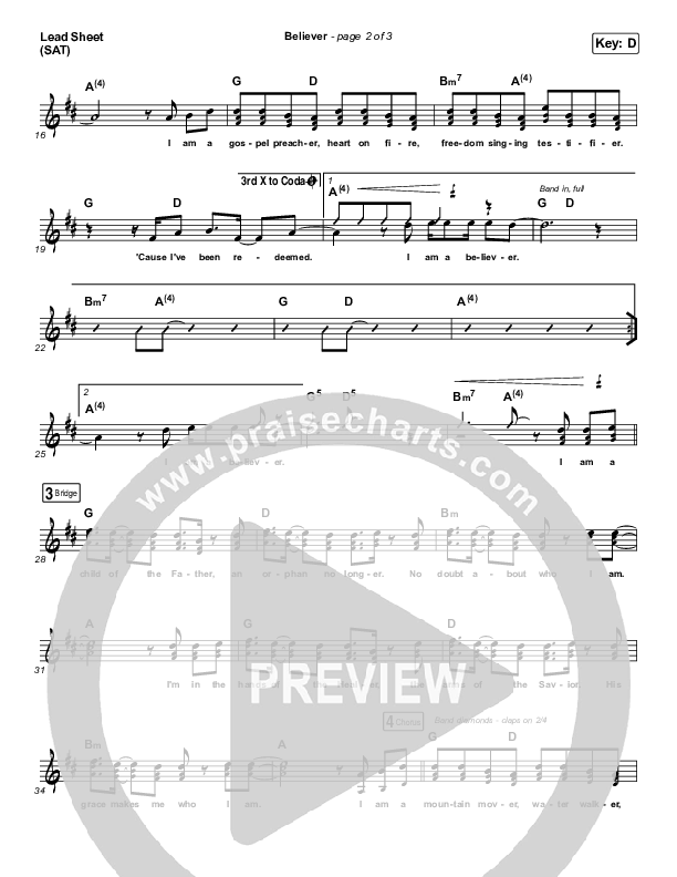 Believer (Choral Anthem SATB) Lead Sheet (SAT) (Rhett Walker Band / Arr. Luke Gambill)