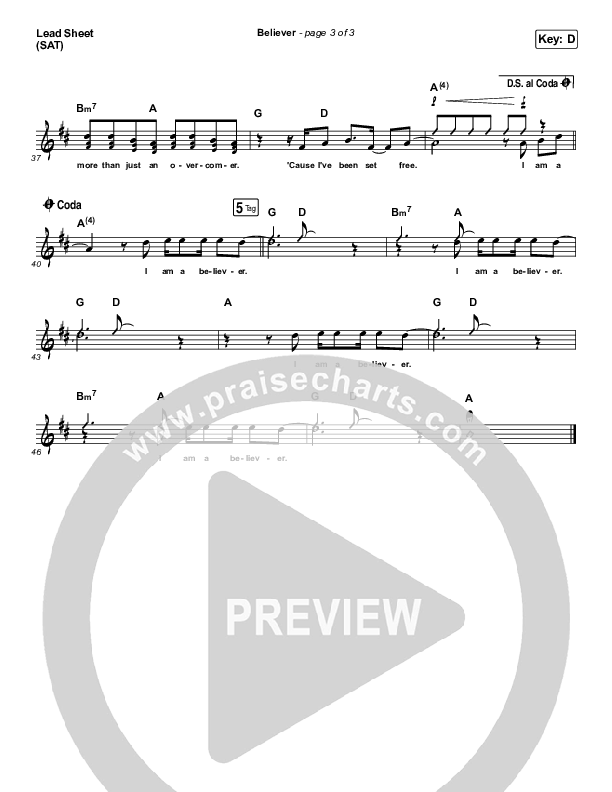 Believer (Choral Anthem SATB) Lead Sheet (SAT) (Rhett Walker Band / Arr. Luke Gambill)