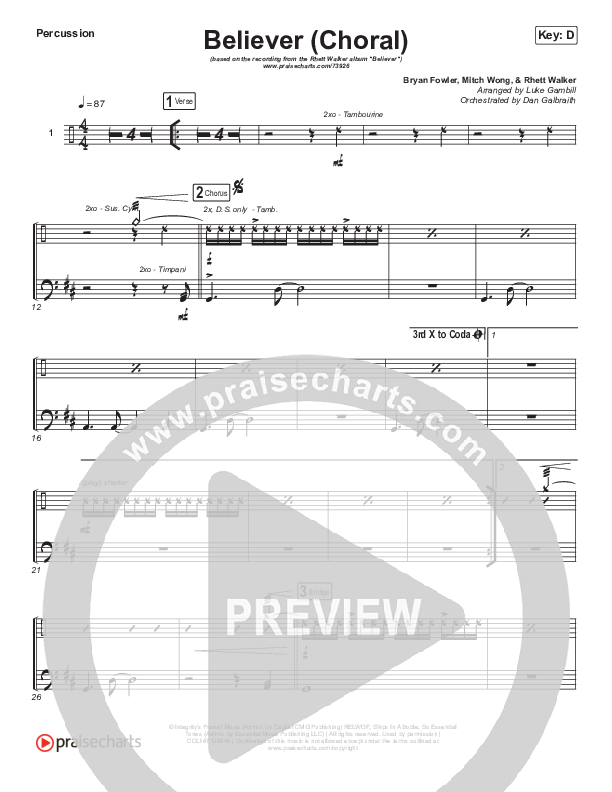 Believer (Choral Anthem SATB) Percussion (Rhett Walker Band / Arr. Luke Gambill)
